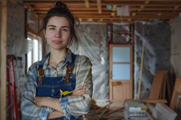 a young woman in overalls with her arms crossed on her chest against the background of a room in which renovation is underway, the concept of construction, renovation and interior work