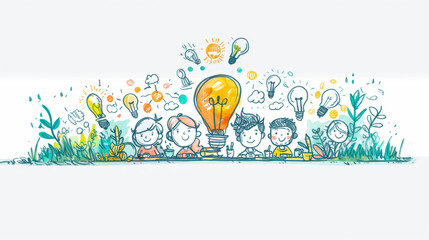 An animated illustration of children brainstorming around a giant light bulb, symbolizing creativity and teamwork.