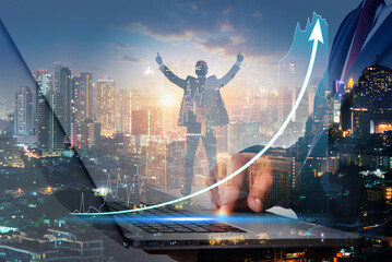 Double exposure of businessman and financial stock graph with Silhouette of back of Business man Celebration Success Happiness on a building top and hologram of world map background	 - 769737379