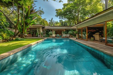 a large home swimming pool at the exterior backyard of big villa house with trees