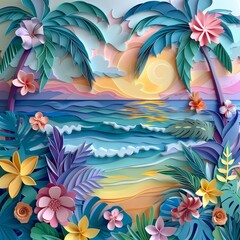 Fototapeta na wymiar An intricate quilled paper art style illustration of a tropical paradise, with a dreamy pastel tropical color palette.