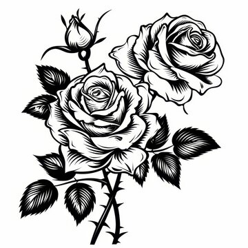 A black and white vector style image of a realistic 2 rose flower tattoo.