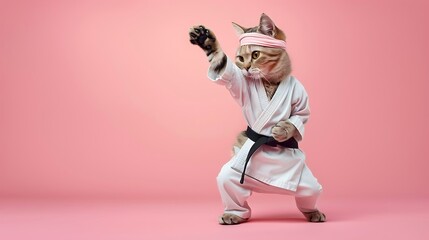 Karate warrior feline in a white kimono with a dark belt and headband prepares to battle disengaged on pink background - obrazy, fototapety, plakaty