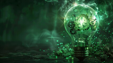 Copy space Light bulb on with gears in the back, concept of idea, think, green blackground.