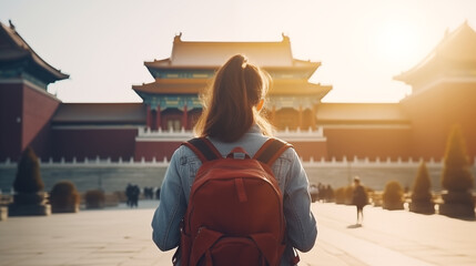 Backpack woman at The Forbidden City of China. - obrazy, fototapety, plakaty