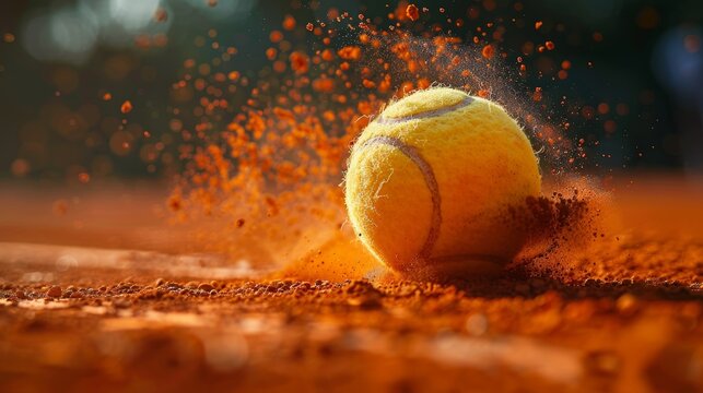 Close up on a tennis ball bouncing on the clay of roland garros, ocher powder and particles, graphical design.