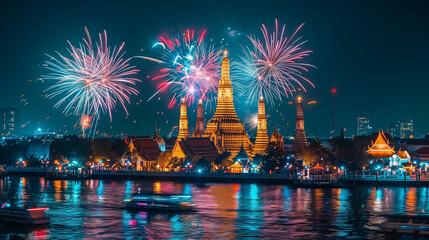 Thailand temple in the night time, firework on background, newyear festival with the temple