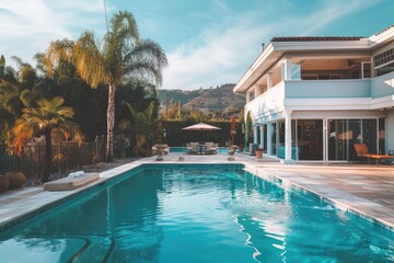 a large home swimming pool at the exterior backyard of big villa house with trees