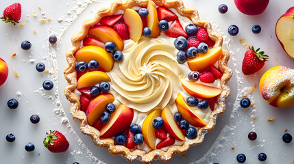 Artfully decorated fruit tart with cream swirl and an assortment of fresh berries and peach slices.