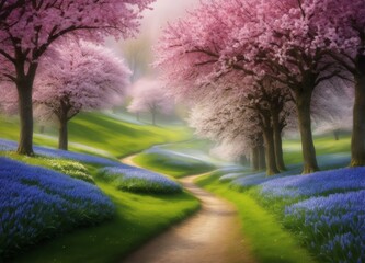 Pink Blossoming Trees Landscape Illustration - Tranquil Nature Scene