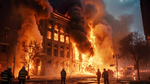 Firefighters extinguish a burning building in Brussels, Belgium, American large building on fire, and firefighters are trying to halt the fire, AI Generated