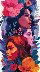 feminist girls of different races on a background of flowers. illustration in unusual colors