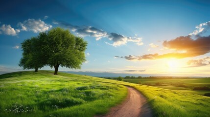 Fototapeta premium Picturesque winding path through a green grass field in a hilly area in the morning at dawn against blue sky with clouds. Natural panoramic spring-summer landscape.