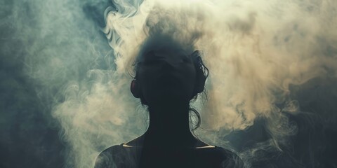 A woman is standing in front of a cloud of smoke - obrazy, fototapety, plakaty