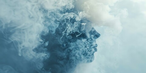 A person's face is obscured by smoke, creating a sense of mystery and unease