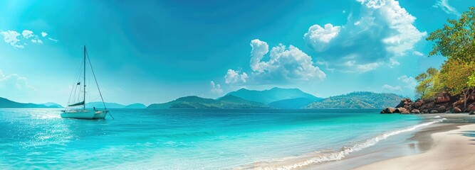 Boat in turquoise ocean water against blue sky with white clouds and tropical island. The natural...