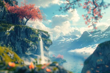 a beautiful scenic view of an amazing landscape of waterfall falling into the river with mountains and trees  - Powered by Adobe