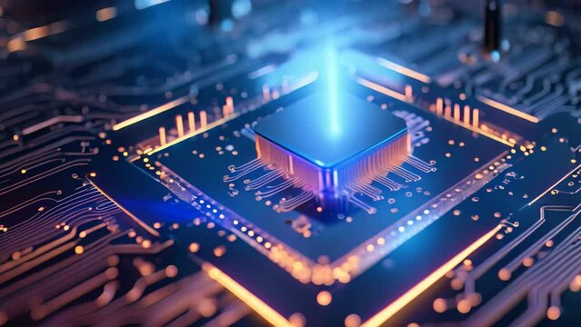 Close-up view of electronic circuit board with processor. 3D rendering, An abstract technology background with a circuit board is presented, embodying an artificial intelligence concept, AI Generated