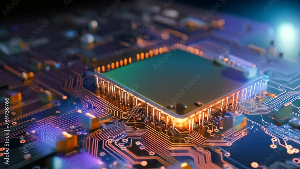 Poster circuit board with microchips close-up. 3d rendering, an abstract technology background with a circu