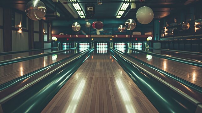 Retro-styled bowling lanes with a warm ambiance and disco balls reflecting soft light.