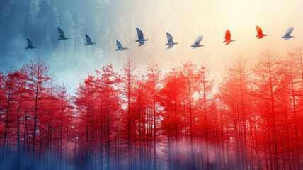 Startups as agile birds flying from red forest to blue sky