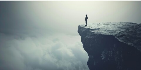 A man stands on a cliff overlooking a cloudy sky - obrazy, fototapety, plakaty