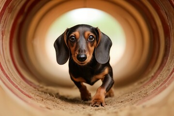 Dachshund participating in an agility tunnel race, displaying its surprising agility and speed