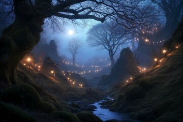 Concept art of magical fairy glen at twilight, with ethereal lights and mystical creatures