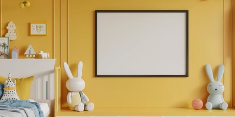 A room with a white wall and a black framed picture of a rabbit