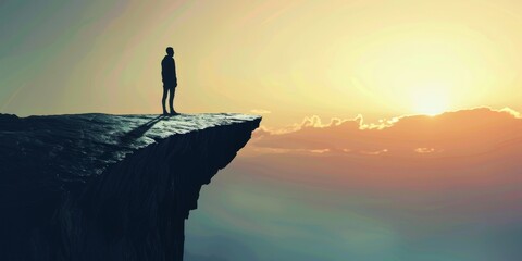 A person is standing on a cliff overlooking a beautiful sunset - obrazy, fototapety, plakaty
