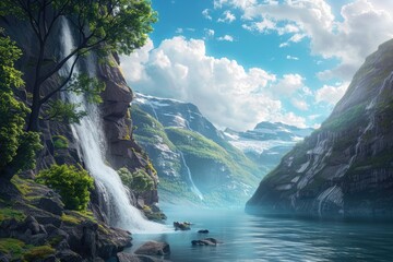 a beautiful scenic view of an amazing landscape of waterfall falling into the river with mountains and trees 