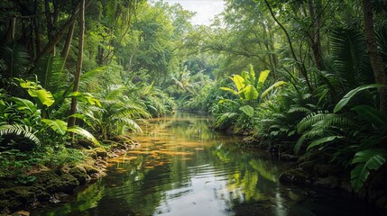 Tropical River Oasis Surrounded by Lush Palms. Beautiful landscape wallpaper high quality screen...