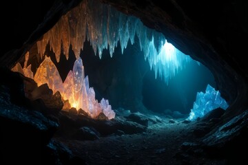 Dark, mysterious cave illuminated by glowing crystals and mineral formations