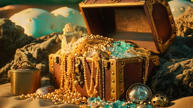 Treasure chest full of jewelry on the beach. Vintage style, An open treasure chest filled with gold and jewelry on the beach, AI Generated