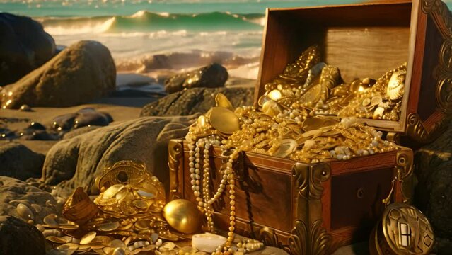 Treasure chest on the beach with stones and sea in the background, An open treasure chest filled with gold and jewelry on the beach, AI Generated