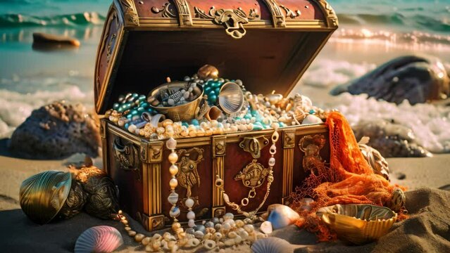 Treasure chest on the sand with sea shells and stones, closeup, An open treasure chest filled with gold and jewelry on the beach, AI Generated