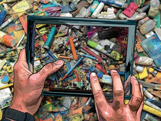 A person is holding a tablet and looking at a pile of trash. The trash is colorful and includes items such as a bottle, a cup, and a pair of scissors. Concept of environmental awareness