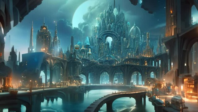 Fantasy landscape with fantasy city. 3D illustration. Digital painting, An underwater city where marine creatures and humans coexist, AI Generated
