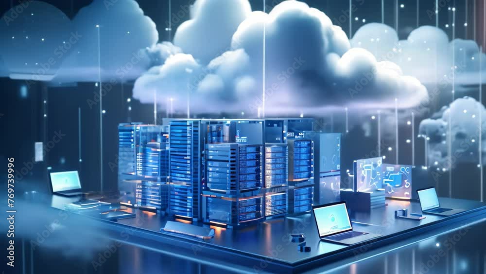 Poster Cloud computing concept with servers in the background 3d rendering toned image, Backup cloud data service center in 3D rendering, AI Generated