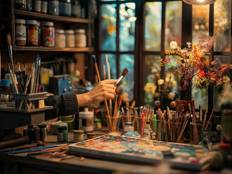 A person is holding a paintbrush in a room with many art supplies. The room is filled with various colors of paint and brushes, and there is a vase of flowers on a table