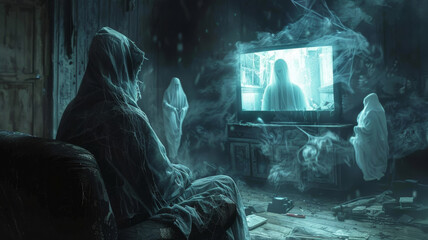 Wraith watching a horror movie, ghost friends floating by - obrazy, fototapety, plakaty