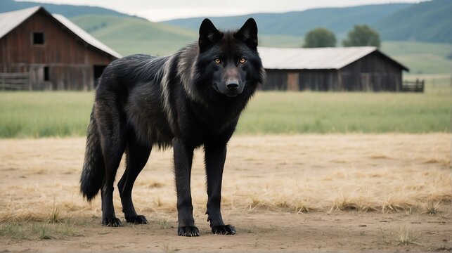A black wolf standing on a farm background with farmhouse ranch from Generative AI