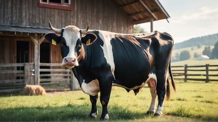A cow standing on a farm background with farmhouse ranch from Generative AI - obrazy, fototapety, plakaty