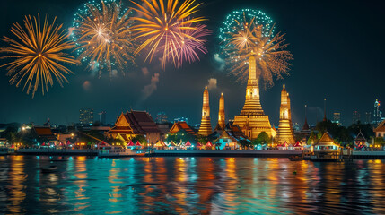 Thailand temple in the night time, firework on background, newyear festival with the temple - obrazy, fototapety, plakaty