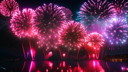 Colorful fireworks with reflection on water, New Year celebration background, Beautiful fireworks display for celebration night, AI Generated
