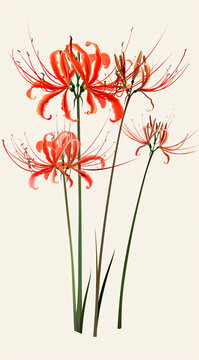 Colorful stylized drawing of lycoris flowers, spider lilies, on a white background