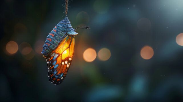 A chrysalis hanging in darkness, with a vibrant butterfly emerging into light