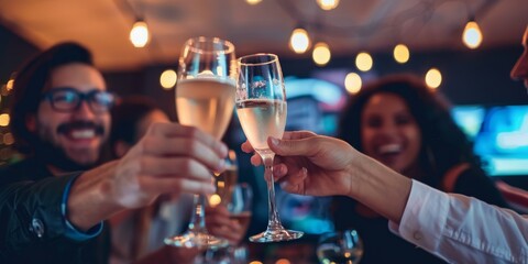 A group of people are celebrating with champagne glasses - obrazy, fototapety, plakaty