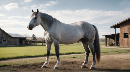 Obraz na płótnie Canvas A gray horse standing on a farm background with farmhouse ranch from Generative AI