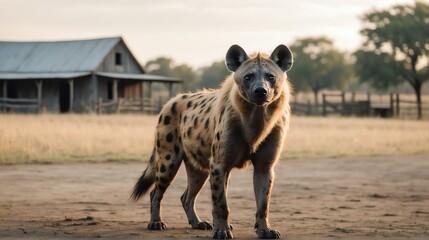 A hyena standing on a farm background with farmhouse ranch from Generative AI - obrazy, fototapety, plakaty